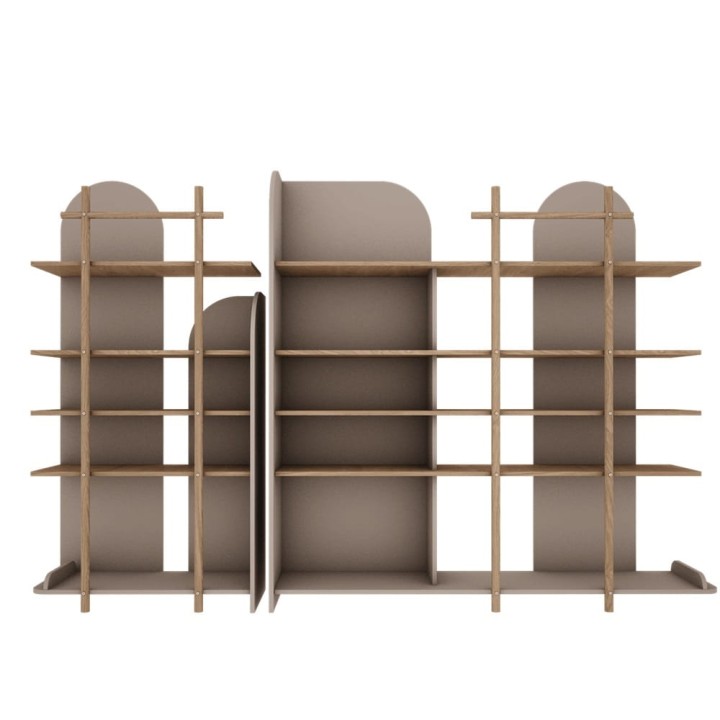 Regał wąski Bloom w kolorze kaszmir/dąb zestawiony z regałem szerokim Bloom