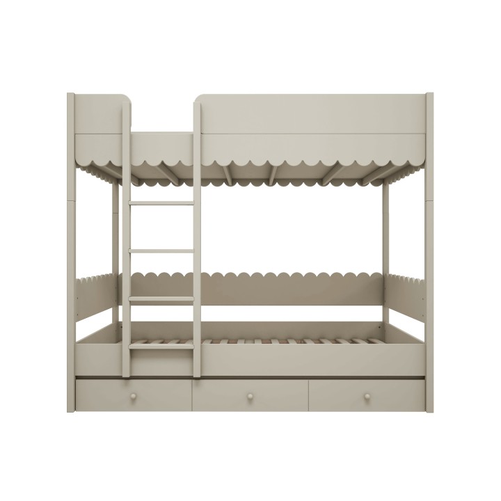 Łóżko piętrowe Babushka oliwkowe – styl retro, z dekoracyjną falbanką, rozkładane na dwa łóżka, z szufladą do spania lub przechowywania.