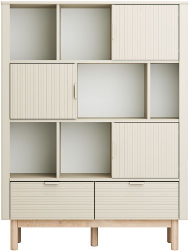 Regał Miloo w kolorze szampańskim z półkami otwartymi i zamkniętymi oraz szufladami