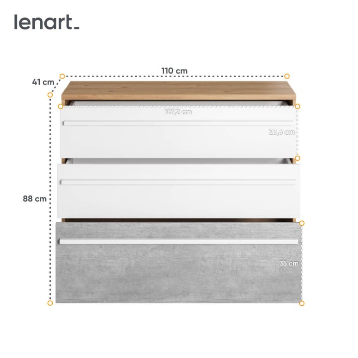 Komoda młodzieżowa Plano 110 cm z trzema szufladami - wymiary