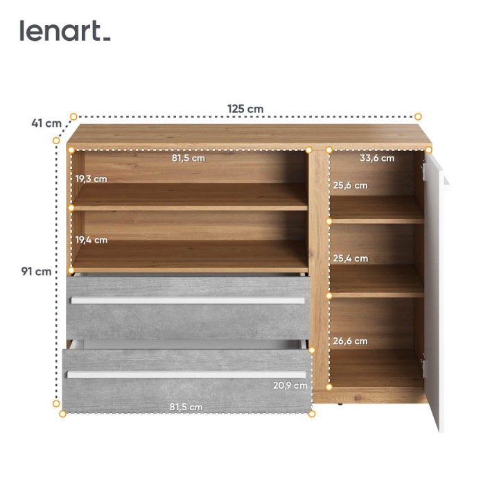 Komoda młodzieżowa Plano 125 cm z szafką i szufladami - wymiary