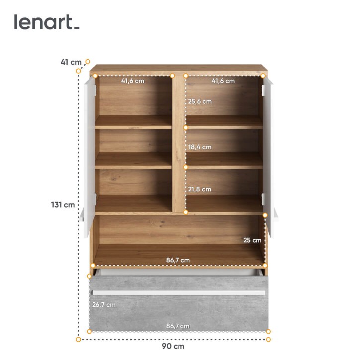 Szafka młodzieżowa Plano 90 cm z szufladą i wnęką – wymiary