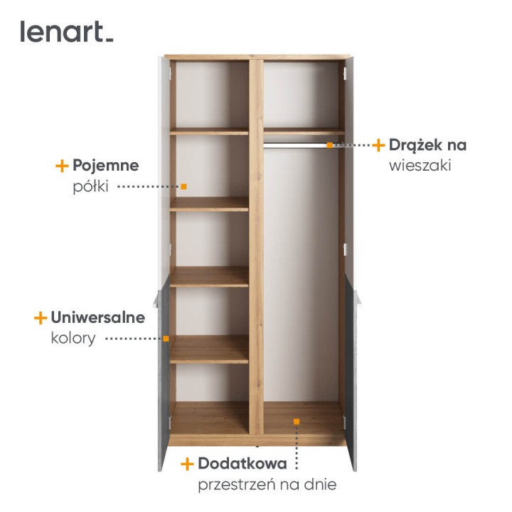 Szafa Plano 90 cm dwudrzwiowa z drążkiem i półkami – środek