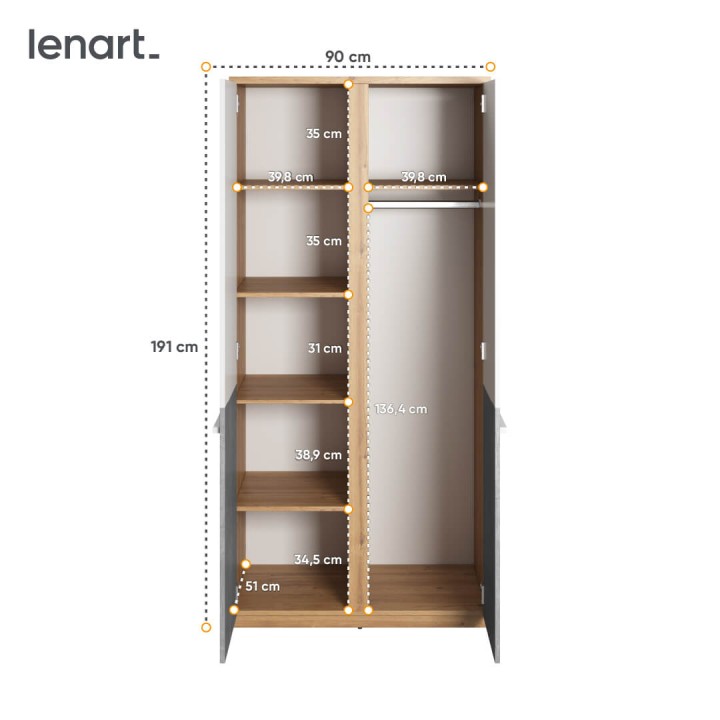 Szafa Plano 90 cm dwudrzwiowa z drążkiem i półkami – front - wymiary