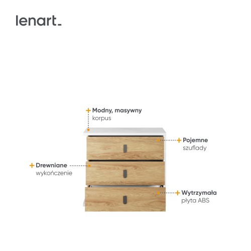 komoda młodzieżowa Simi mała z trzema szufladami - detale