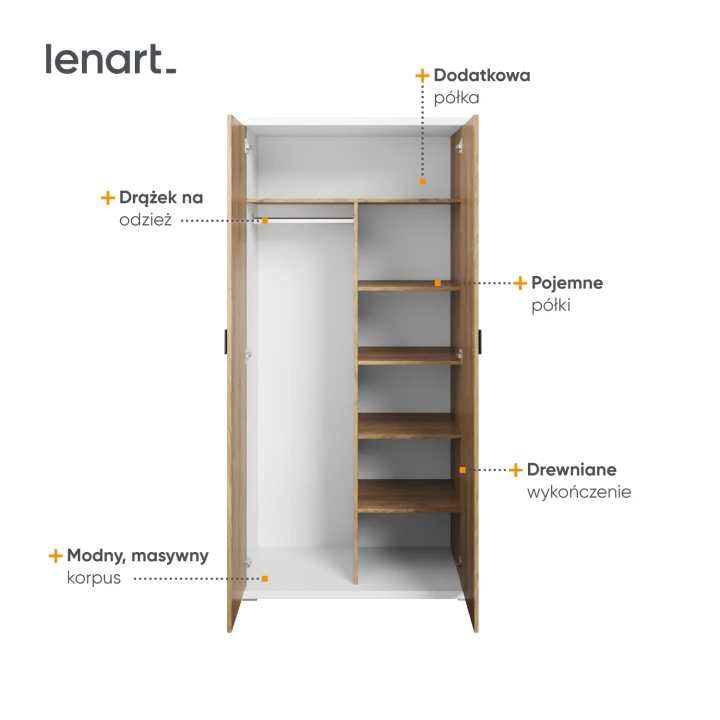szafa młodzieżowa Simi dwudrzwiowa z drążkiem i półkami - detale