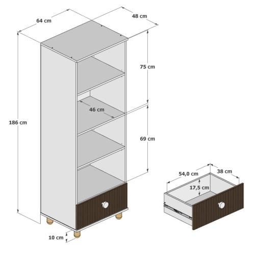 regał dziecięcy Cocolo kaszmir z półkami i szufladą - wymiary