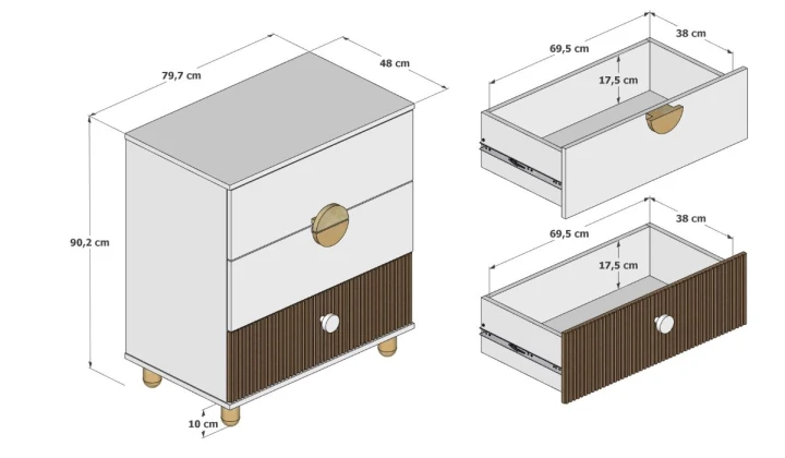komoda Cocolo biała z trzema szufladami - wymiary