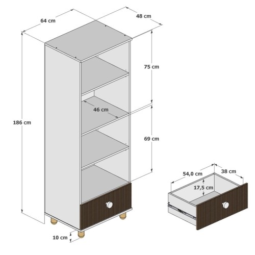 regał Cocolo biały z półkami i szufladą - wymiary