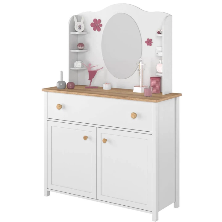 Toaletka Story w formie nadstawki z lustrem na komodzie