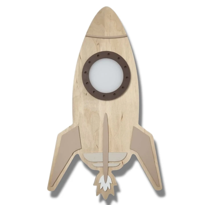 drewniana lampka LED rakieta do pokoju dziecka
