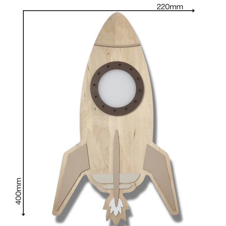 drewniana lampka LED rakieta do pokoju dziecka - wymiary