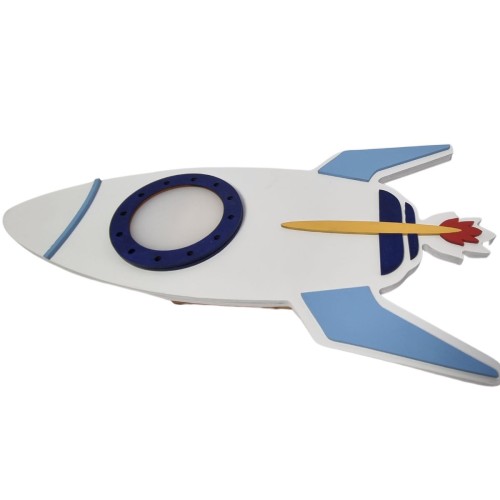 drewniana lampka LED rakieta biało-niebieska do pokoju dziecka