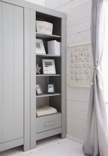 Regał Calmo szary z półkami i szufladą do pokoju dziecka