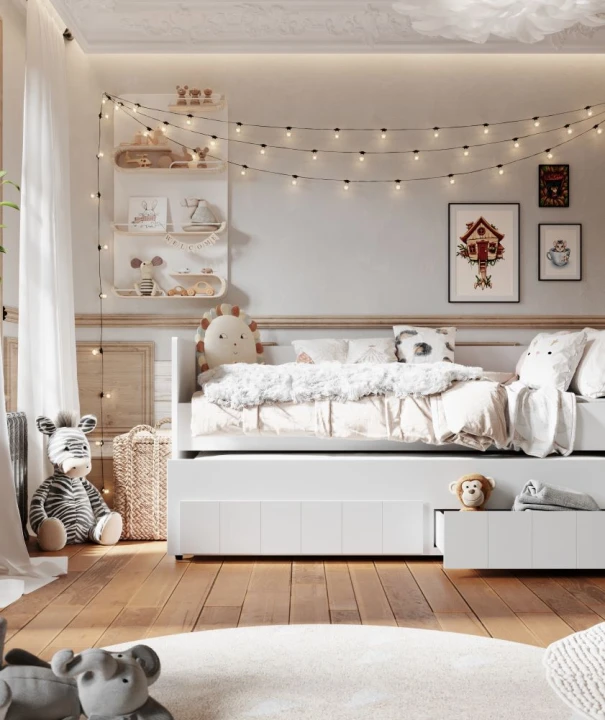 Stylowe łóżko Calmo białe z dodatkowym miejscem do spania