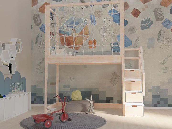 nowoczesne drewniane łóżko na antresoli z panelem sznurkowym