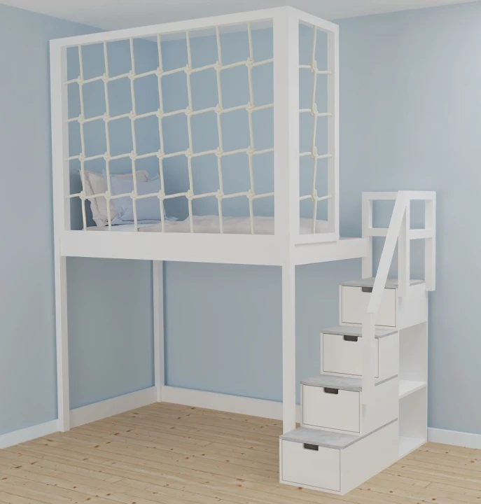 praktyczne łóżko na antresoli ze schodkami z szufladkami