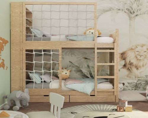 Drewniane łóżko piętrowe z drabinką, półkami i ścianką do wspinania