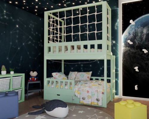 Białe łóżko piętrowe z szufladami i panelem sznurkowym