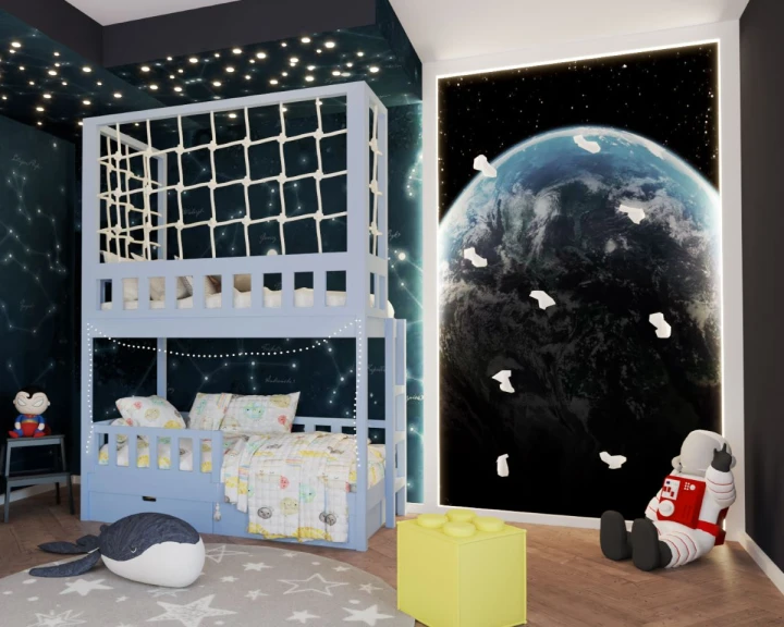 Łóżko piętrowe 90x200 z drabinką i panelem sznurkowym