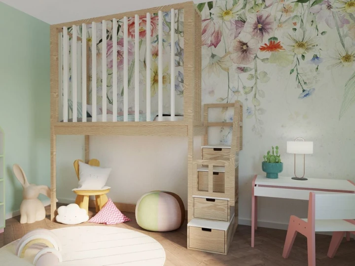 Łóżko na antresoli 90x200 z lamelami i szufladami w schodkach