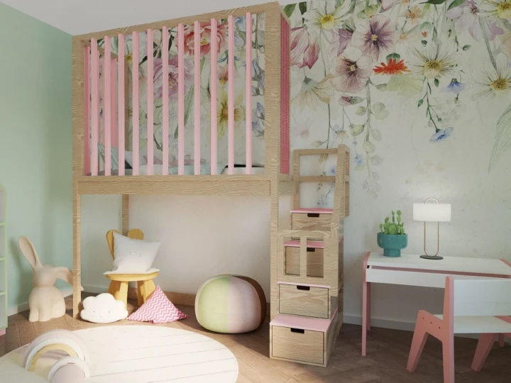 Drewniane łóżko młodzieżowe na antresoli z lamelami