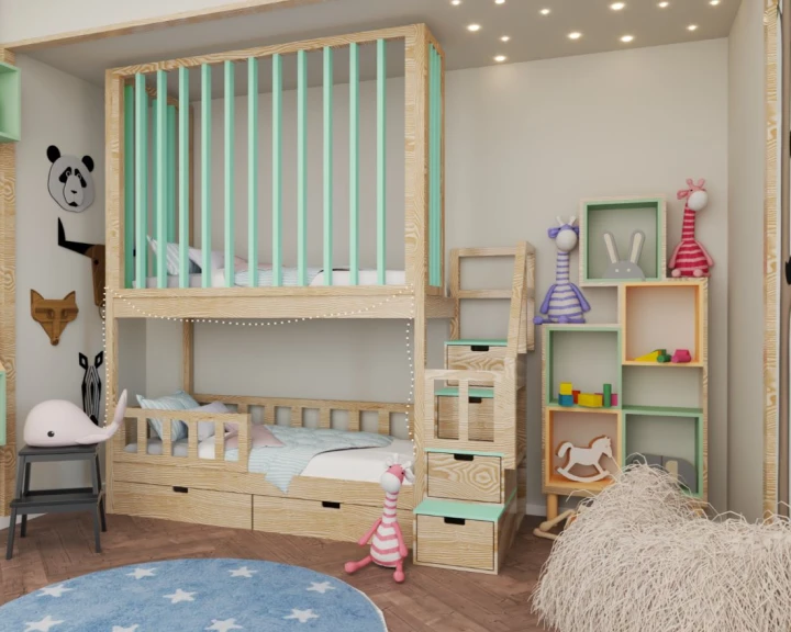 Łóżko piętrowe 90x200 z lamelami i szufladami pod łóżkiem