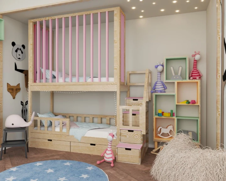 Drewniane łóżko piętrowe z lamelami i szufladami w schodkach