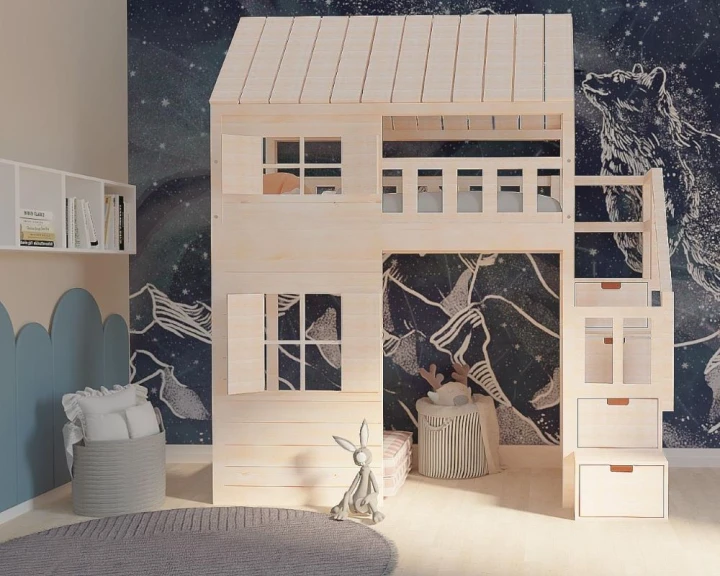 Drewniane łóżko domek antresola ze schodkami i szufladami