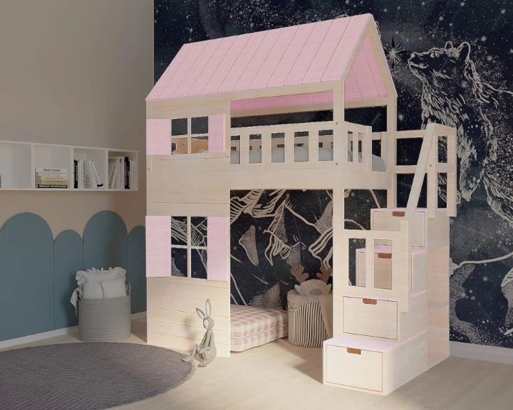 Łóżko dziecięce w formie domku z antresolą i schodkami