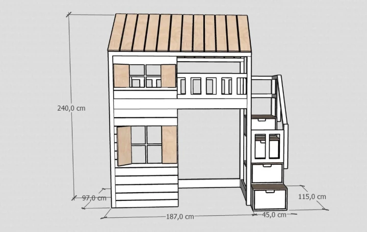 wymiary łóżka domku antresoli 90x180 cm