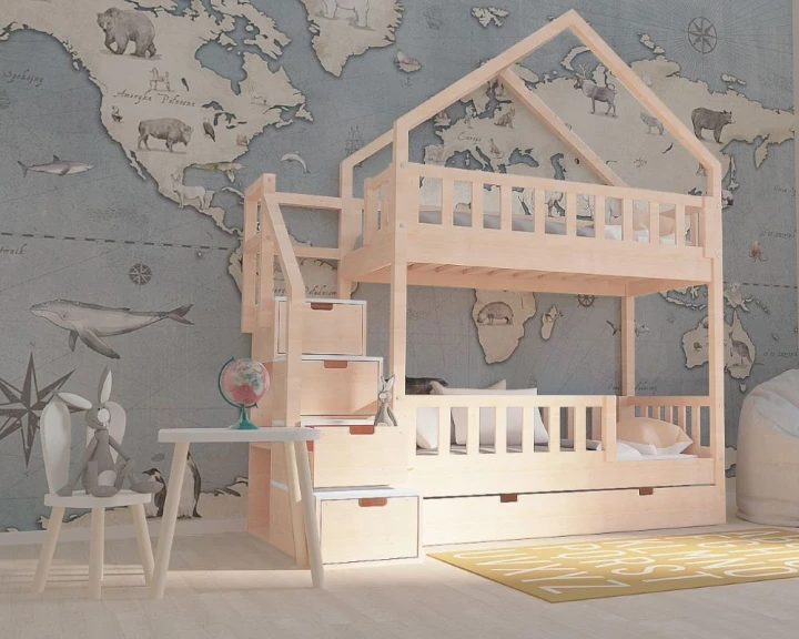 Drewniane łóżko piętrowe domek z szufladami w schodkach