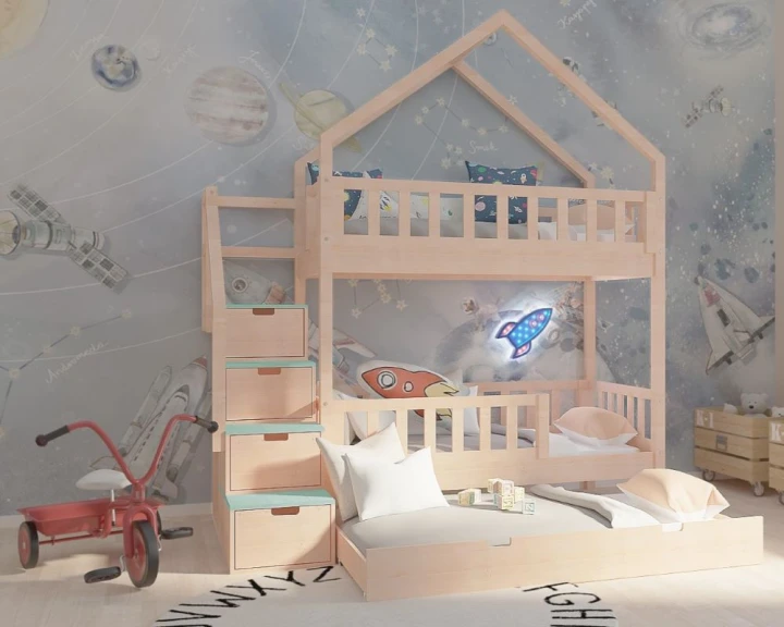 Łóżko domek trzyosobowe 90x200 z dodatkowym spaniem w szufladzie