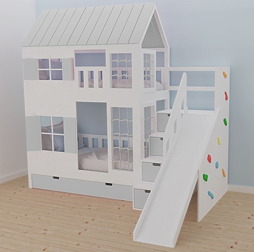 Łóżko piętrowe domek z pełnym daszkiem i zjeżdżalnią