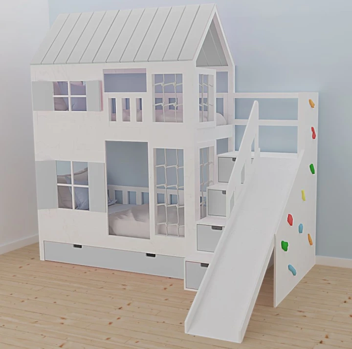Łóżko piętrowe domek z pełnym daszkiem i zjeżdżalnią