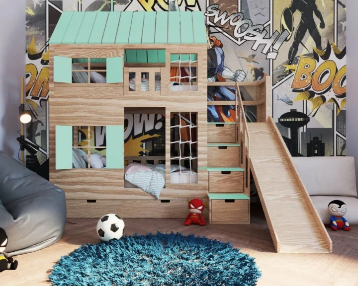 Łóżko piętrowe domek z szufladami i schodkami do pokoju dziecięcego