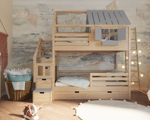 Drewniane łóżko piętrowe z domkiem i szufladami do pokoju chłopca