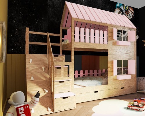 Łóżko piętrowe domek ze ścianką wspinaczkową do pokoju dziecka
