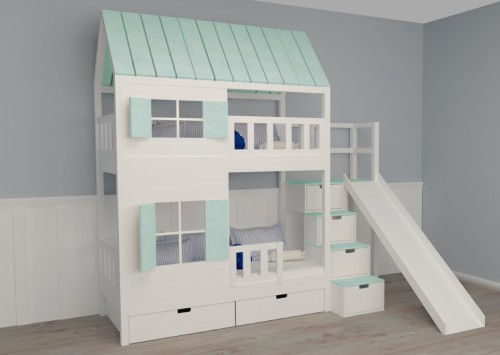 Łóżko piętrowe ze zjeżdżalnią i okiennicami dla dziewczynki