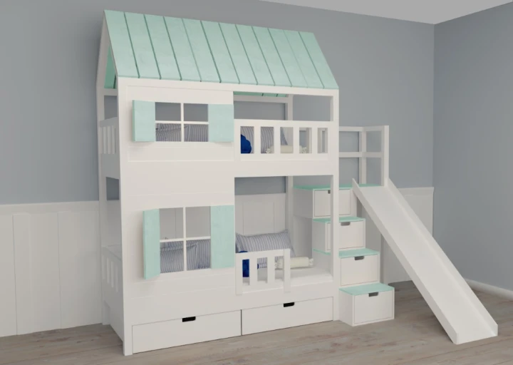 Łóżko piętrowe ze zjeżdżalnią i okiennicami dla dziewczynki