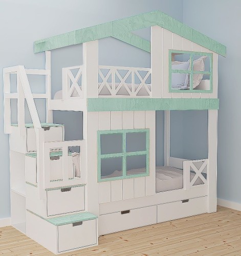 Piętrowe łóżko domek ze schodami i szufladami dla dzieci.