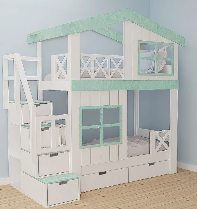 Piętrowe łóżko domek ze schodami i szufladami dla dzieci.