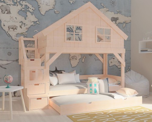 Łóżko piętrowe domek dla dziewczynki z daszkiem i trzecim miejscem do spania