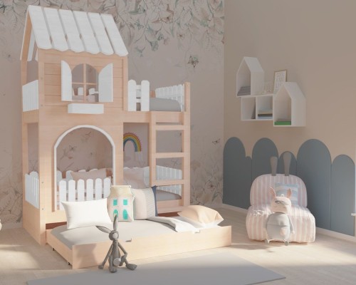 Piętrowe łóżko domek dla dziewczynki z drabinką – aranżacja pokoju