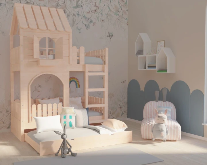 Piętrowe łóżko dla dzieci w kształcie domku z oknami