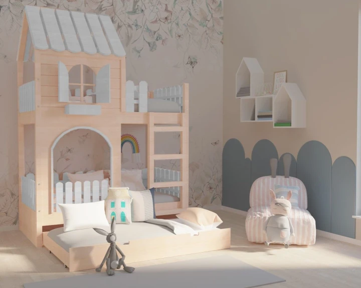 łóżko piętrowe dla dziewczynki z okiennicami i daszkiem i trzecim spaniem