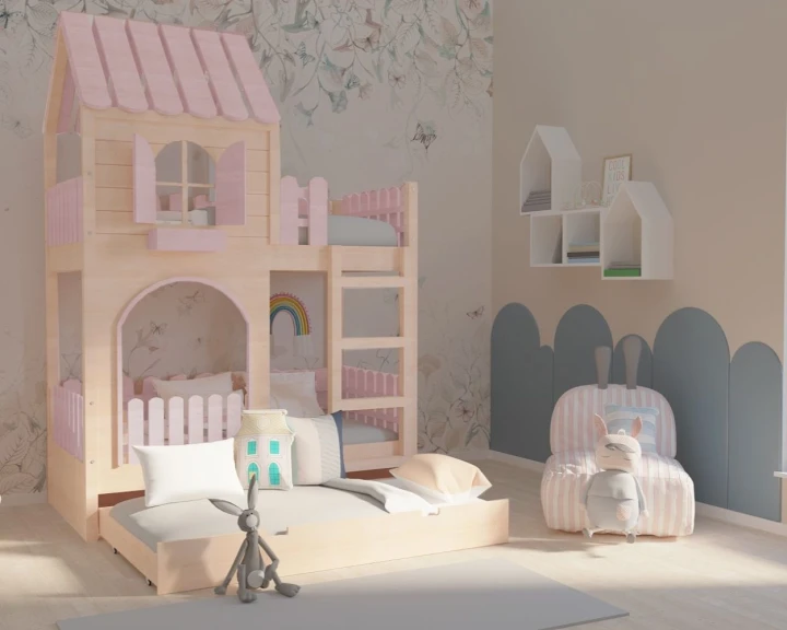 Pokój dziewczynki z łóżkiem piętrowym domek – inspiracja