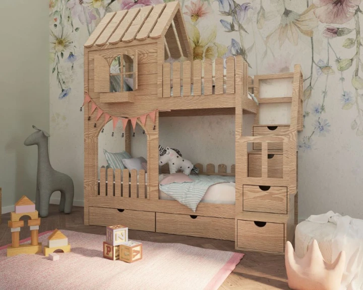 łóżko piętrowe domek dla dziewczynki 80x160, 90x180, 90x200, personalizacja kolorów