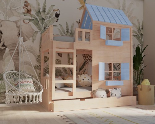 łóżko piętrowe domek z drabinką w pokoju dziecięcym