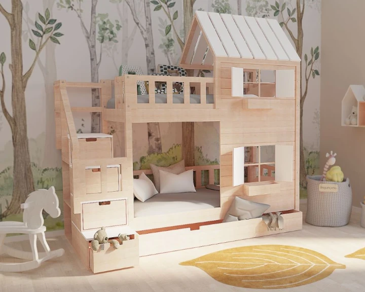 łóżko piętrowe domek ze schodkami w pokoju dziecięcym